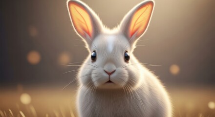 Obraz premium A close-up view of a charming, light-cream colored rabbit with detailed fur and expressive eyes, bathed in warm golden light, creating a captivating and soft focus effect.