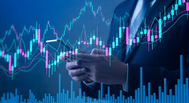Businessman analyzing financial data on smartphone with stock market graphs and charts in the background for investment trading and financial analysis