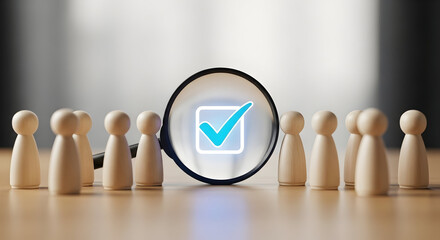 Group of wooden figurines with a magnifying glass highlighting a check mark symbolizing selection approval teamwork or decision making in a professional setting