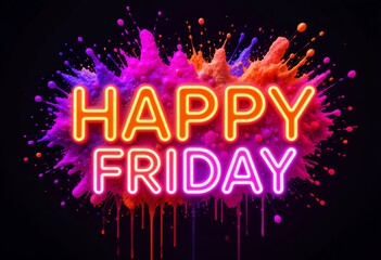 vibrant neon happy friday text with colorful paint splash background celebrating weekend mood