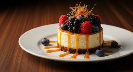 Elegant cheesecake with mixed berries, caramel drizzle and golden spun sugar decoration on white plate.