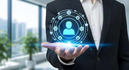 Businessman Holding Digital User Profile Icon with Futuristic Interface in Modern Office Environment for Technology and Innovation Concept