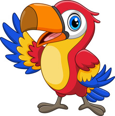 Illustration of Cartoon happy little red macaw bird on white background