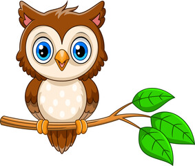 Illustration of Cute cartoon owl perched on tree branch 