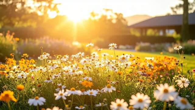 Blooming flower bed in warm sunlight, daisy field at golden hour with peaceful garden in background