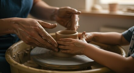 Adult and child's hands shape clay together on a pottery wheel, a creative lesson in ceramics