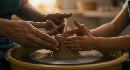 Experienced hands guiding young hands on a spinning pottery wheel, shaping a clay pot, fostering creativity and shared craftsmanship