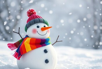 Fototapeta premium Jolly snowman with vibrant rainbow scarf, snowy backdrop, holiday, digital art