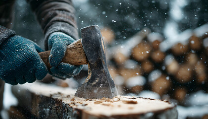 Man chopping wood with axe, winter preparation activity