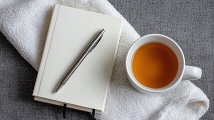 White Notebook Pen Coffee Cup Minimal Flatlay.