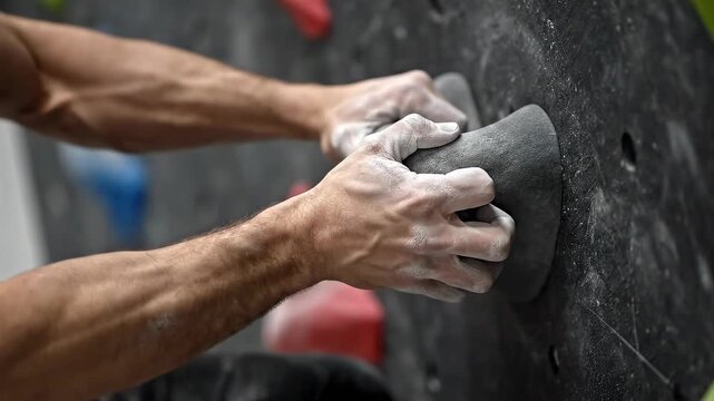 Close up of a climbers hands gripping a hold on a climbing wall.