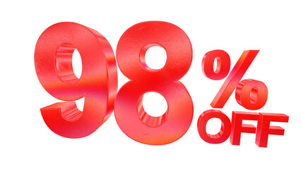 3D 98 percent off sale typography with dark red metallic style and rainbow effect isolated on a transparent background. Visual element for promotions and graphic design.