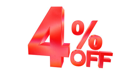 3D 4 percent off sale typography with dark red metallic style and rainbow effect isolated on a transparent background. Visual element for promotions and graphic design.