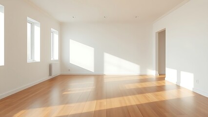 Obraz premium Minimalist living room with wooden floors, embodying clean and spacious design.