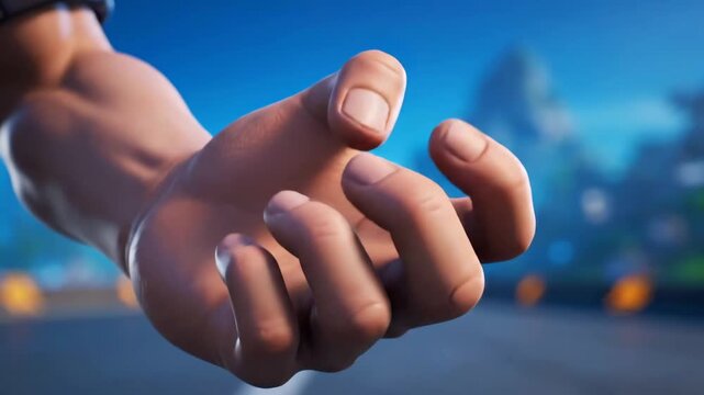 Close up of a hand reaching out in a video game scene.