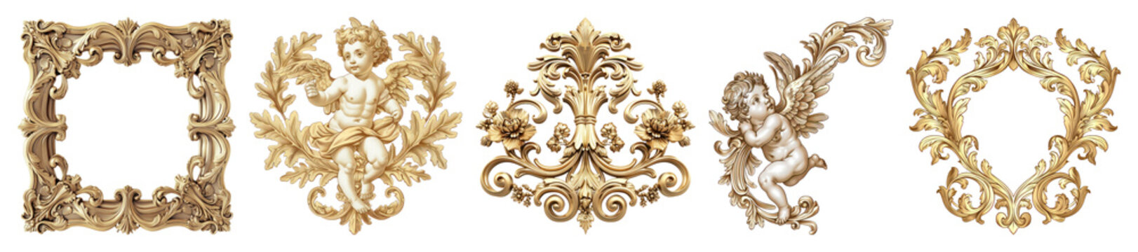 PNG Elegant ornate gold cherub designs, element set on transparent background