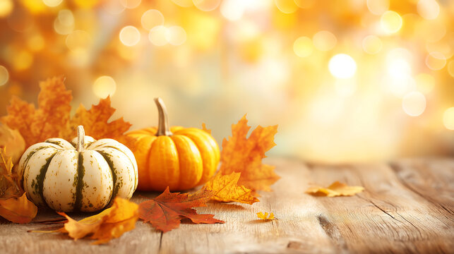 Fall pumpkins and leaves on wooden table autumn season thanksgiving