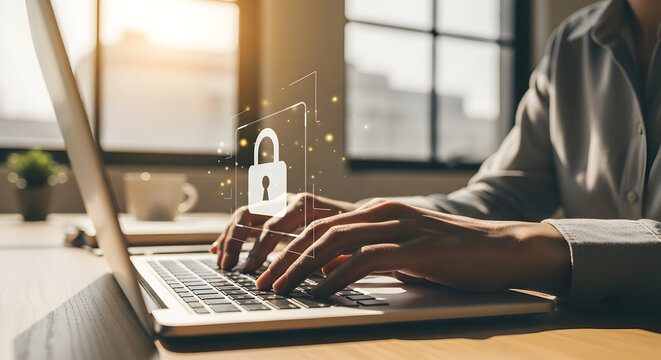 Businessperson working on laptop with digital lock icon representing cybersecurity and data protection in modern office environment during daytime