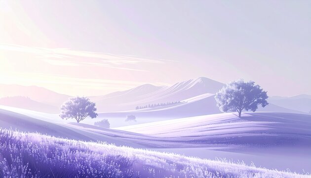 A dreamlike landscape bathed in the soft glow of dawn. Gentle purple hills roll into the distance, dotted by frost-covered trees under a sky of pink and lavender—a truly ethereal view - Powered by Adobe