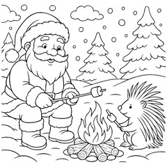 Christmas Campfire – Santa and Porcupine Coloring Design