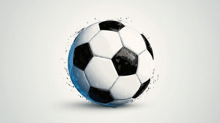 A classic black and white soccer ball, seemingly composed of liquid, is depicted against a light grey backdrop.  Surrounding the ball is a dynamic, k