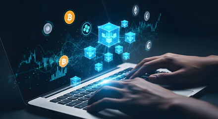 Hands typing on a laptop, engaging with a futuristic interface showing a decentralized blockchain network and digital currency data
