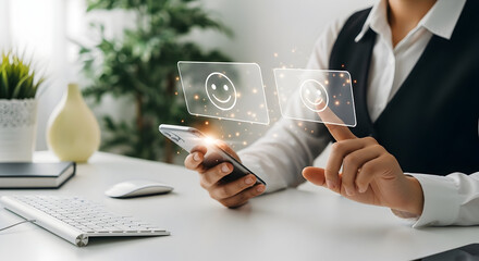 Businesswoman using futuristic transparent touchscreens with smiley face icons in modern office setting for technology innovation and digital communication