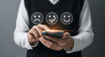 Businesswoman Using Smartphone with Digital Smiley Faces for Customer Feedback and Satisfaction Survey in Modern Office Environment
