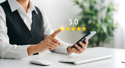 Businesswoman using smartphone with five star rating and digital interface in modern office environment for technology and customer service concepts