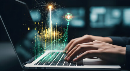 Driving Digital Transformation Hands typing on a laptop, interacting with dynamic data visualizations, illustrating business growth, technological innovation, and future success strategies