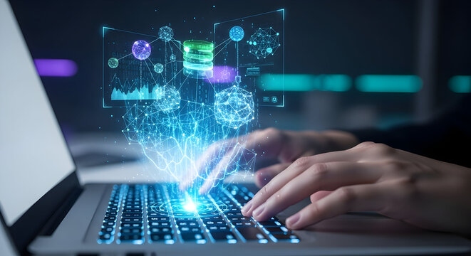 Hands interacting with a laptop, projecting glowing holographic data and interconnected networks, symbolizing advanced digital technology, analytics, and secure systems innovation