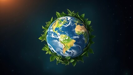 Earth globe embraced by lush greenery under soft glowing light, symbolizing environmental harmony.