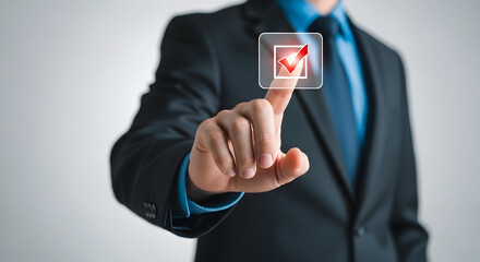 Businessman in formal suit pressing a digital checkmark button for success achievement and professional approval in modern office setting