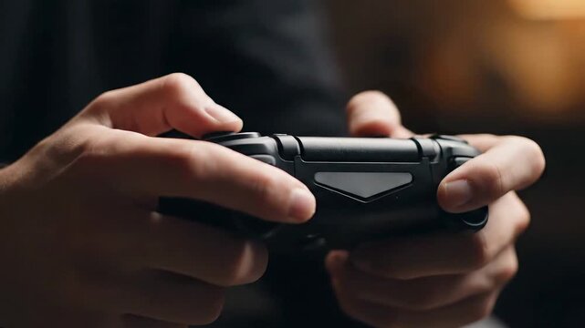 Close up of hands holding a video game controller playing a game.