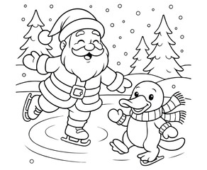 Christmas Coloring Page – Santa and Platypus Skating