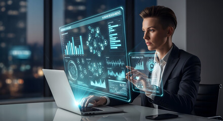 Businesswoman analyzing holographic data and charts on a futuristic interface, representing innovation and technology