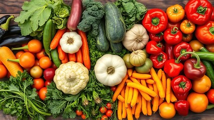 Vibrant organic vegetables arranged on a rustic market table, captured from an overhead angle.