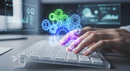 Digital transformation concept with glowing gears and data visualization over a keyboard
