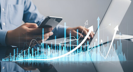 Business professionals analyzing financial data on digital devices with growth charts and upward trending graphs in a modern office setting for investment and market analysis