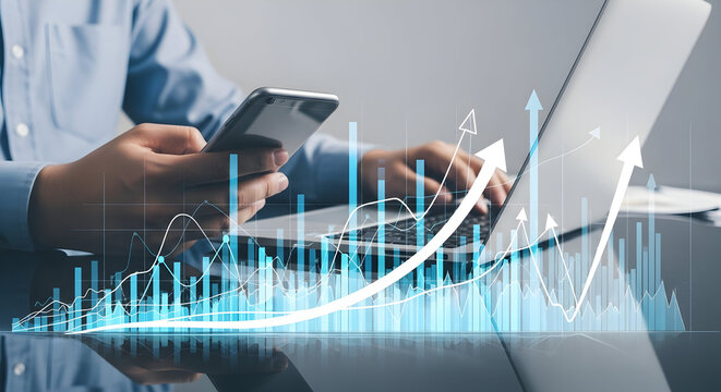 Business professionals analyzing financial data on digital devices with growth charts and upward trending graphs in a modern office setting for investment and market analysis