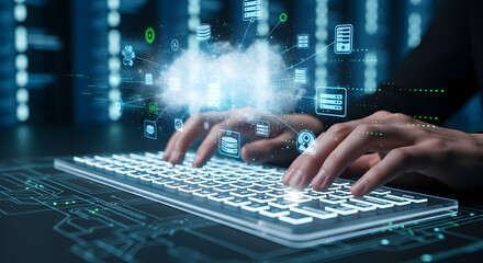 Futuristic cloud computing concept with hands typing on a glowing keyboard, accessing big data and digital information in a virtual environment