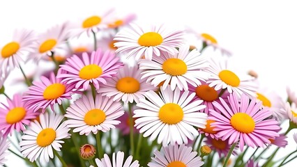 Fototapeta premium A delicate arrangement of fresh daisies basks in soft daylight against a white backdrop.