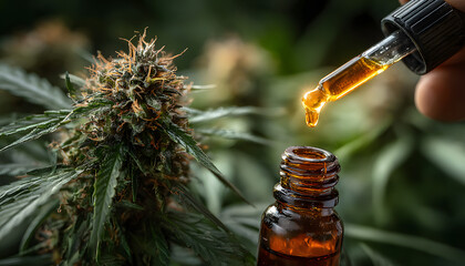Hand holding CBD hemp oil droplet against marijuana buds - alternative medicine, cannabis oil