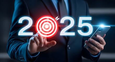 Futuristic Business Person Touching Digital 2025 Year with Target Icon on Virtual Screen for Innovative Technology and Future Planning Concept