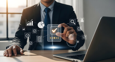 Businessman in formal suit working on digital interface with analytics icons and charts in modern office setting for corporate strategy and data analysis