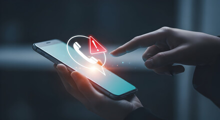 Close-up of a person using a smartphone with a digital warning alert icon indicating a security notification or urgent message on the screen in a dark environment