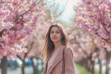 桜並木を歩く若いビジネスパーソン