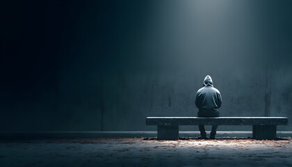Anxiety solitary man in hoodie sitting on bench from behind against empty dark grey background with copy space