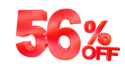 3D 56 percent off sale typography with dark red metallic style and rainbow effect isolated on a transparent background. Visual element for promotions and graphic design.