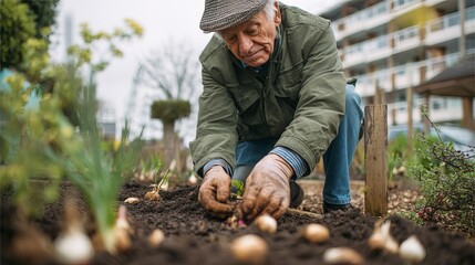 Elderly man tending to a vegetable garden, focused and immersed in nature.